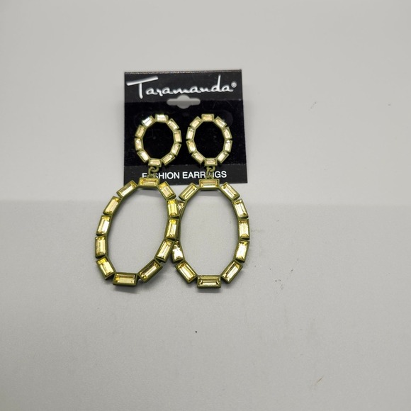 Taramanda Jewelry - Taramanda Dangle Drop Oval Earrings 2.5 Baguette Rhinestone Gold Olive Green